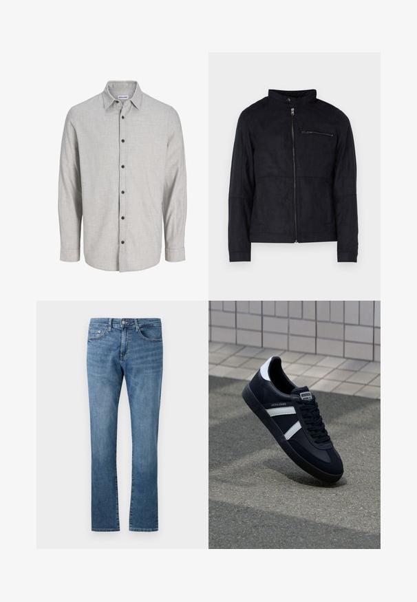 Schwarze Jacke aus samtähnlichem Material, mit Stehkragen, frontalem Reißverschluss und einer mit Reißverschluss versehenen Brusttasche. Schlichtes Design mit taillierter Passform.; Helles graues Langarmshirt aus strukturiertem Stoff. Verfügt über einen Kentkragen und sechs schwarze Knöpfe entlang der Vorderseite.; Straight-leg blaue Denim-Jeans mit klassischem Fünf-Taschen-Design und Knopfverschluss, dargestellt vor weißem Hintergrund.; Schwarze Leder-Sneaker mit weißen Streifen, strukturiertem Gummisohle und Schnürung. Verfügt über ein Markenetikett auf der Zunge.