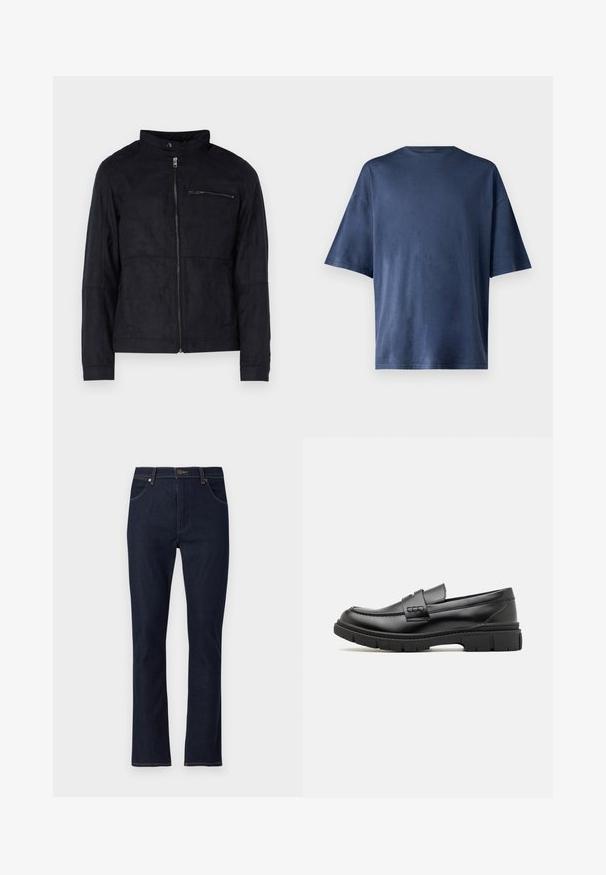 Chaqueta negra hecha de un material similar al ante, con cuello alto, cremallera frontal y un bolsillo en el pecho con cremallera. Diseño simple con un ajuste entallado.; Camiseta de manga corta azul marino, hecha de una tela suave, con un cuello redondo clásico y un corte relajado, sin patrones ni acentos visibles.; Vaqueros azul oscuro de corte recto, con bolsillos delanteros, trabillas para cinturón y cierre de botón.; Mocasin de cuero negro con una cinta ancha en el empeine, suela de goma con tacos gruesos y textura suave. Diseño clásico y elegante.