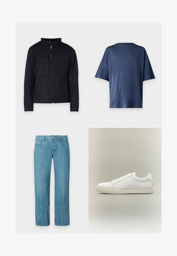 Sort jakke lavet af suede-lignende materiale, med ståkrave, front lynlås og en lynlåslomme på brystet. Enkel design med skræddersyet pasform.; Marineblå kortærmet T-shirt, lavet af blødt stof, har en klassisk rund hals og løs pasform, uden synlige mønstre eller accenter.; Lyseblå denimjeans med lige ben-design, der har fem lommer, bæltestropper og knaplukning. Glat tekstur med subtilt falmede områder.; Hvid lavtop sneaker med snørebånd foran og tyk sål, vist fra siden mod en neutral baggrund.