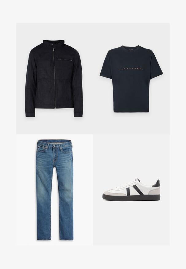 Schwarze Jacke aus samtähnlichem Material, mit Stehkragen, frontalem Reißverschluss und einer mit Reißverschluss versehenen Brusttasche. Schlichtes Design mit taillierter Passform.; Schwarzes Baumwoll-T-Shirt mit kurzen Ärmeln und Rundhalskragen. Auf der Vorderseite steht "JACK & JONES" in fettem orangefarbenem Schriftzug. Glatte Textur.; Blaue gerade geschnittene Jeans mit Knopf- und Reißverschluss vorne, Fünf-Taschen-Design und dezenten Ausbleichungen an Oberschenkeln und Knien.; Weiße Sneaker mit schwarz- und grau-aczenten, ausgestattet mit einer strukturierten grauen Zehenkappe, schwarzer Gummi-Sohle und flachen weißen Schnürsenkeln. Sauberes Design, minimalistische Stil.