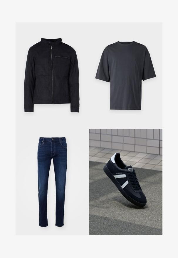 Schwarze Jacke aus samtähnlichem Material, mit Stehkragen, frontalem Reißverschluss und einer mit Reißverschluss versehenen Brusttasche. Schlichtes Design mit taillierter Passform.; Dunkelgraues Kurzarm-T-Shirt aus leichtem Baumwollmaterial, mit lockerer Passform und klassischem Rundhalsausschnitt, in einfarbigem Design ohne Muster.; Dunkelblaue Slim-Fit Denim-Jeans mit Knopf vorne, Taschen, Gürtelschlaufen und dezenten Ausbleichungen an den Beinen.; Schwarze Leder-Sneaker mit weißen Streifen, strukturiertem Gummisohle und Schnürung. Verfügt über ein Markenetikett auf der Zunge.