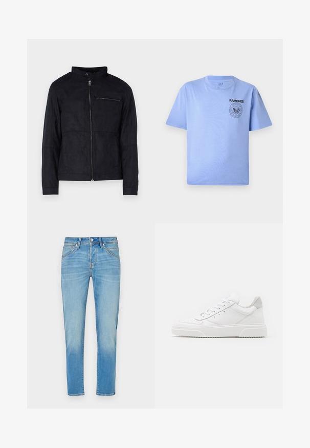 Sort jakke lavet af suede-lignende materiale, med ståkrave, front lynlås og en lynlåslomme på brystet. Enkel design med skræddersyet pasform.; Lys blå bomulds t-shirt med korte ærmer, rund hals og sort "Ramones" logo tryk på venstre brystområde. Glat tekstur.; Lyseblå denimbukser med lige ben-design, der har knaplukning, fem lommer og diskret falmning på stoffet.; Hvide lædersneakers med en glat finish, rund tå, flade snørebånd og en struktureret sål. Grå ruskindsdetalje ved hælen.