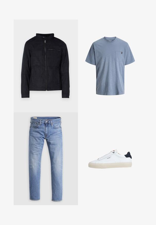 Zwarte jas van een materiaal dat op suede lijkt, met een staande kraag, een ritssluiting aan de voorkant en een ritszak op de borst. Eenvoudig ontwerp met een getailleerde pasvorm.; Blauw katoenen T-shirt met een ronde hals en korte mouwen. Voorzien van een zakje op de linkerborst en een gestructureerde afwerking.; Lichtblauwe spijkerbroek met knoopsluiting aan de voorkant, riemlussen en een ontwerp met vijf zakken, weergegeven tegen een witte achtergrond.; Witte lage sneaker met een beige zool, witte veters, zwarte hielstrook en het logo "Pepe Jeans London" aan de zijkant.