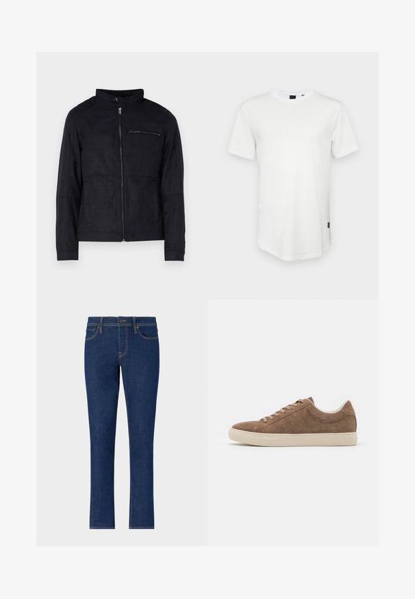 Zwarte jas van een materiaal dat op suede lijkt, met een staande kraag, een ritssluiting aan de voorkant en een ritszak op de borst. Eenvoudig ontwerp met een getailleerde pasvorm.; Witte t-shirt met korte mouwen, gemaakt van katoen, met een ronde halslijn en een iets verlengde achterkant, voorzien van een klein logo-accent aan de zijkant.; Donkerblauwe denim jeans met een recht model, voorzien van subtiele stiksels, vijf zakken en een knoopsluiting bij de taille.; Bruine suède casual sneakers met een lage profiel, platte beige rubberen zool en zes vetersluitingen. Rond neuspunt en minimalistisch ontwerp.