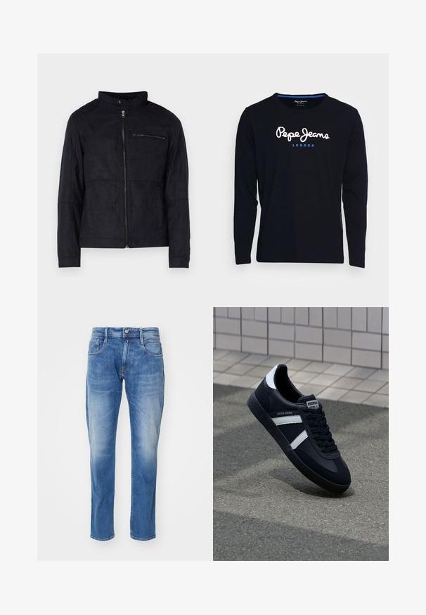 Schwarze Jacke aus samtähnlichem Material, mit Stehkragen, frontalem Reißverschluss und einer mit Reißverschluss versehenen Brusttasche. Schlichtes Design mit taillierter Passform.; Schwarzes Langarm-T-Shirt aus Baumwollstoff, mit dem weißen und blauen Logo-Text "Pepe Jeans London" centriert auf der Brust.; Hellblaue Jeans aus Denim mit geradem Bein, fünf Taschen, dezentem Verblassen und einem normalen Bund mit Knopfverschluss.; Schwarze Leder-Sneaker mit weißen Streifen, strukturiertem Gummisohle und Schnürung. Verfügt über ein Markenetikett auf der Zunge.