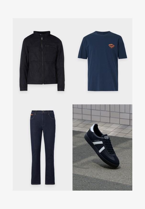 Schwarze Jacke aus samtähnlichem Material, mit Stehkragen, frontalem Reißverschluss und einer mit Reißverschluss versehenen Brusttasche. Schlichtes Design mit taillierter Passform.; Navyblaue Baumwoll-T-Shirt mit kurzen Ärmeln, Rundhalsausschnitt und einem orangefarbenen gestickten "Wrangler Jeans 1947"-Logo auf der Brust.; Dunkelblaue Jeans mit geradem Bein, vorderem Knopf und Reißverschluss, Taschen vorne und hinten sowie braunen Nähten.; Schwarze Leder-Sneaker mit weißen Streifen, strukturiertem Gummisohle und Schnürung. Verfügt über ein Markenetikett auf der Zunge.
