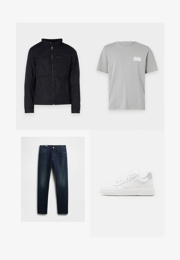 Schwarze Jacke aus samtähnlichem Material, mit Stehkragen, frontalem Reißverschluss und einer mit Reißverschluss versehenen Brusttasche. Schlichtes Design mit taillierter Passform.; Graues Baumwoll-T-Shirt mit kurzen Ärmeln, rundem Halsausschnitt und einem weißen Logo "JACK & JONES", das auf der linken Brustseite gedruckt ist.; Dunkelblaue Denim-Jeans mit geradem Schnitt, ausgestattet mit fünf Taschen, einem Knopfverschluss und dezentem Verblassen an den Oberschenkeln. Klassische Steppnähte.; Weiße Leder-Sneaker mit glatter Oberfläche, rundem Zehenbereich, flachen Schnürsenkeln und strukturiertem Schuhsohlen. Graues Wildleder-Detail an der Ferse.
