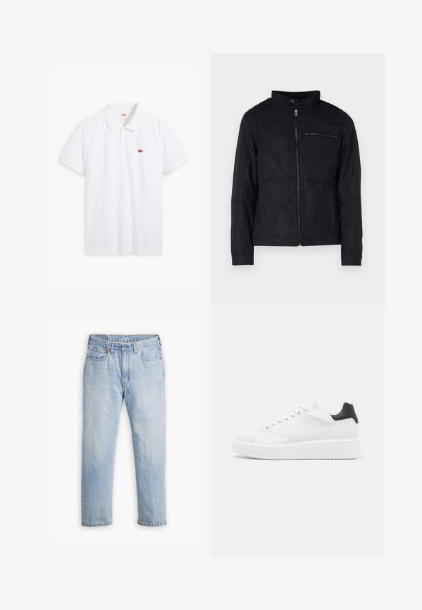 Schwarze Jacke aus samtähnlichem Material, mit Stehkragen, frontalem Reißverschluss und einer mit Reißverschluss versehenen Brusttasche. Schlichtes Design mit taillierter Passform.; Weißes Poloshirt aus Baumwolle. Verfügt über eine Knopfleiste mit drei Knöpfen, kurze Ärmel und ein kleines rotes Levi's-Logo auf der linken Brust.; Helle blaue Denim-Jeans mit geradem Bein, im Fünf-Taschen-Stil und kontrastierenden Nähten. Knopf- und Reißverschluss an der Taille.; Weiße Leder-Sneaker mit schwarzem Fersenbereich, flachen Schnürsenkeln, strukturiertem Zwischensohlenteil und Branding auf der Außenseite. Entworfen für den Casual-Look.