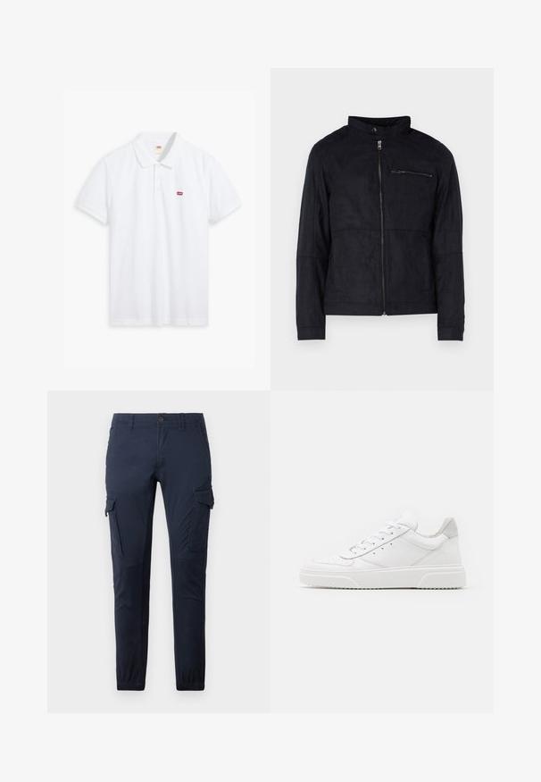 Schwarze Jacke aus samtähnlichem Material, mit Stehkragen, frontalem Reißverschluss und einer mit Reißverschluss versehenen Brusttasche. Schlichtes Design mit taillierter Passform.; Weißes Poloshirt aus Baumwolle. Verfügt über eine Knopfleiste mit drei Knöpfen, kurze Ärmel und ein kleines rotes Levi's-Logo auf der linken Brust.; Marine Cargo-Hosen aus strapazierfähigem Material, mit mehreren Taschen, einem Bund mit Knopf und elastischen Bündchen an den Knöcheln.; Weiße Leder-Sneaker mit glatter Oberfläche, rundem Zehenbereich, flachen Schnürsenkeln und strukturiertem Schuhsohlen. Graues Wildleder-Detail an der Ferse.