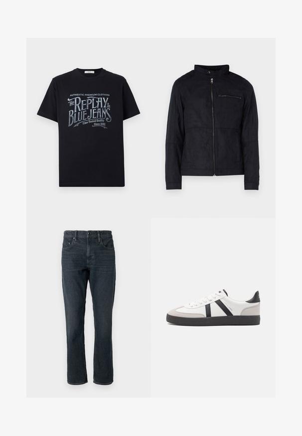 Schwarze Jacke aus samtähnlichem Material, mit Stehkragen, frontalem Reißverschluss und einer mit Reißverschluss versehenen Brusttasche. Schlichtes Design mit taillierter Passform.; Schwarzes Baumwoll-T-Shirt mit kurzen Ärmeln und rundem Halsausschnitt, mit einem grafischen Textdesign im Vintage-Stil in Weiß und hellblau auf der Vorderseite.; Dunkelblaue Denim-Jeans mit geradem Schnitt, Fünf-Taschen-Design und Knopfverschluss. Merkmale sind dezente Ausbleichungen und Kontrastnähte.; Weiße Sneaker mit schwarz- und grau-aczenten, ausgestattet mit einer strukturierten grauen Zehenkappe, schwarzer Gummi-Sohle und flachen weißen Schnürsenkeln. Sauberes Design, minimalistische Stil.