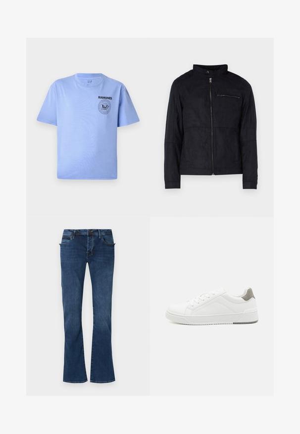 Sort jakke lavet af suede-lignende materiale, med ståkrave, front lynlås og en lynlåslomme på brystet. Enkel design med skræddersyet pasform.; Lys blå bomulds t-shirt med korte ærmer, rund hals og sort "Ramones" logo tryk på venstre brystområde. Glat tekstur.; Denim flared jeans i dyb blå, med forlommer, lynlås i gylpen og diskrete stikninger på taljebåndet og kanten.; Hvid sneaker lavet af glat læder, rund tå, minimalistisk design, grå hælafsats og tekstureret gummisål.