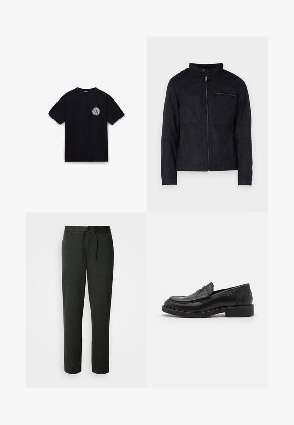 Schwarze Jacke aus samtähnlichem Material, mit Stehkragen, frontalem Reißverschluss und einer mit Reißverschluss versehenen Brusttasche. Schlichtes Design mit taillierter Passform.; Schwarzes Baumwoll-T-Shirt mit kurzen Ärmeln, Rundhalsausschnitt und einem weißen runden Logo auf der linken Brustseite. Glatte Textur, lässiges Design.; Dunkelgraue Sweatpants aus einem weichen Baumwoll-Mix. Sie verfügen über einen elastischen Bund mit Kordelzug und Seitentaschen. Gerades Bein Design.; Schwarze Lederloafer mit abgerundetem Zeh, farblich abgestimmtem Nähen und einem Riemendetail an der Vorderseite. Gummi-Sohle mit niedrigem Absatz.