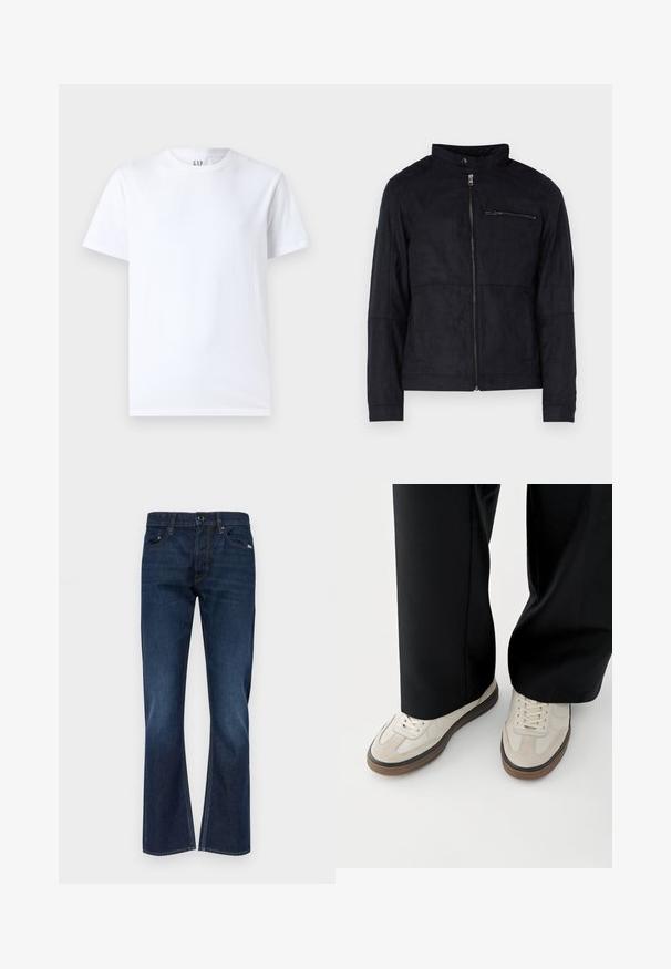 Veste noire en matériau similaire au daim, dotée d'un col montant, d'une fermeture éclair à l'avant et d'une poche poitrine zippée. Design simple avec une coupe ajustée.; T-shirt en coton blanc avec un col rond et des manches courtes. Design simple sans motifs ni graphiques, avec le logo GAP sur le col.; Jeans en denim bleu foncé à coupe droite, dotés de cinq poches, de passants de ceinture et de détails de surpiqûre contrastés.; Pieds portant des baskets beige avec des semelles marron et un pantalon noir à jambes larges sur fond blanc.