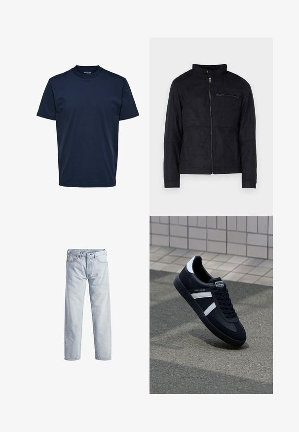 Zwarte jas van een materiaal dat op suede lijkt, met een staande kraag, een ritssluiting aan de voorkant en een ritszak op de borst. Eenvoudig ontwerp met een getailleerde pasvorm.; Heren effen donkerblauw T-shirt met korte mouwen en ronde hals, reguliere pasvorm, zonder zichtbare patronen of logo's.; Lichtblauwe denim jeans met een rechtstaand ontwerp, knopenfly, vijf zakken en een subtiele vervaagde textuur. Voorzien van metalen hardware accenten.; Zwarte leren sneaker met witte strepen, een gestructureerde rubberen zool en vetersluiting aan de voorkant. Voorzien van een merklabel op de tong.