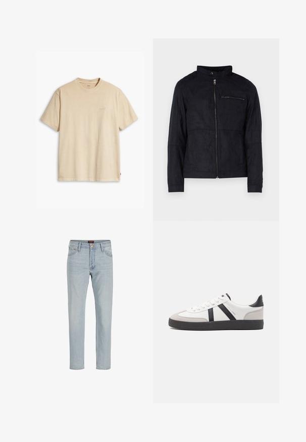Sort jakke lavet af suede-lignende materiale, med ståkrave, front lynlås og en lynlåslomme på brystet. Enkel design med skræddersyet pasform.; Beige bomulds t-shirt med rund hals og korte ærmer. Har et subtilt "Levi's" logo i samme farve på brystet. Blød tekstur.; Lysblå denim jeans med lige snit, fem-lommet design, knaplukning og let slidt tekstur.; Hvide sneakers med sorte og grå detaljer, med en tekstureret grå tåhætte, sort gummisål og flade hvide snørebånd. Rent design, minimalistisk stil.