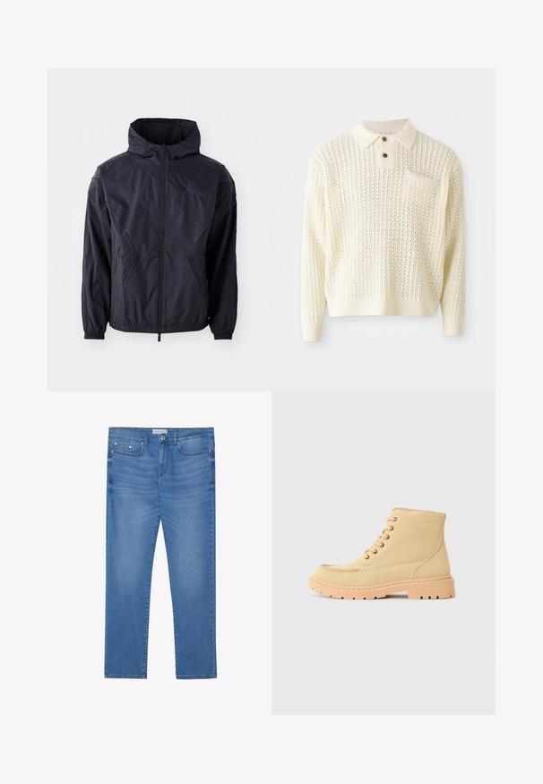 Sort vindjakke med hætte, der har fuld lynlås, elastiske manchetter og sidelommer. Teksturstof med geometriske syninger.; Lyscreme strikket pullover med et tekstureret mønster, to-knap strop og en brystlomme. Har ribbede manchetter og kant.; Lyseblå denimjeans med lige ben, femlommes design, subtil falming og metalbeslag ved taljen og lommerne.; Beige ruskind ankelstøvler med en beige gummisål, der har snørebånd og synlige søm langs kanterne.