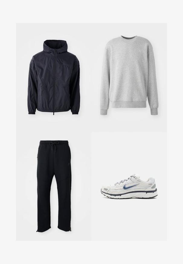 Must must jacket kapuutsiga, millel on täispikk tõmblukk, elastsed mansetid ja küljetaskud. Tekstuuriga kangas geomeetriliste õmblustega.; Hall kootud hall sweatshirt pehmest kangast, millel on ümar kaelus, soonikkoes varrukad ja hem, ning esiküljel on peene logoga aktsent.; Mustad mustaräätsed paelaga ja elastse vööga, küljetaskud, kitsenevad sääred ja tõmblukud pahkluude juures. Sile tekstuur.; Nike Sportswear P 6000 - Tossud - phantom/obsidian/summit white/white/black/metallic silver