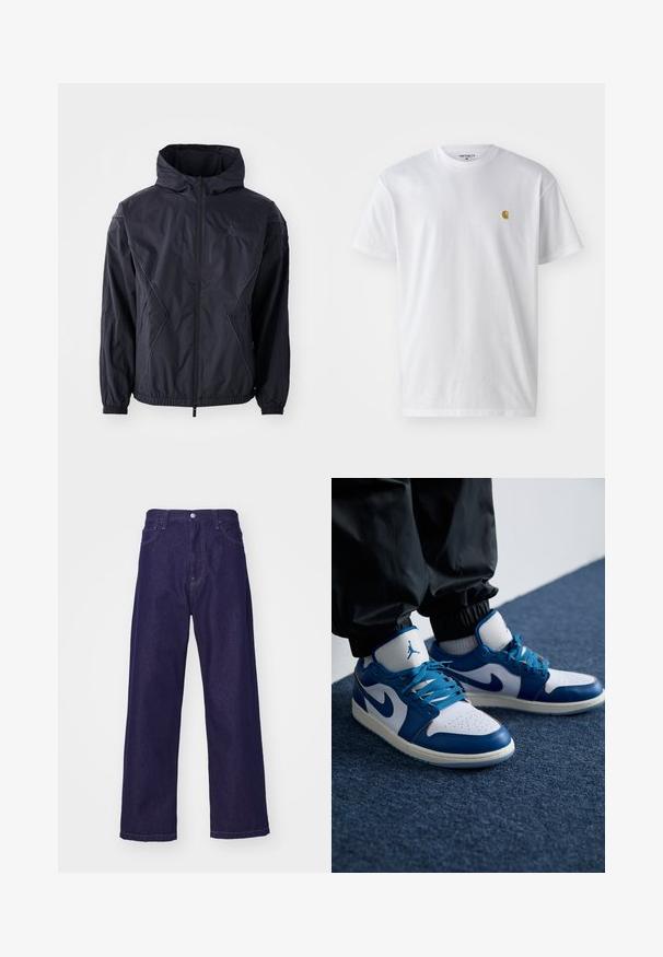 Schwarze Windjacke mit Kapuze, ausgestattet mit einem durchgehenden Reißverschluss, elastischen Bündchen und Seitentaschen. Strukturiertes Gewebe mit geometrischen Nähten.; Weißes Baumwoll-T-Shirt mit kurzen Ärmeln, Rundhalsausschnitt, mit einem kleinen goldenen Logo im linken Brustbereich. Weicher Stoff und normale Passform.; Dunkelblaue Denim-Hosen mit weitem Bein und hoher Taille, ausgestattet mit vorderen Taschen und einem Knopfverschluss, der eine glatte, strapazierfähige Textur zeigt.; Die Nike Air Jordan Sneakers verfügen über eine weiße Lederbasis mit blauen synthetischen Akzenten, einer perforierten Zehenbox und blauen Schnürsenkeln.
