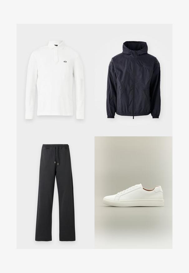 Veste de coupe-vent noire avec capuche, dotée d'une fermeture éclair intégrale, de poignets élastiques et de poches latérales. Tissu texturé avec des coutures géométriques.; Polo shirt blanc à manches longues en coton, avec un col à boutons et un petit logo noir sur la poitrine gauche. Design simple sans motifs.; Pantalon de survêtement noir à coupe ample, taille élastique avec cordon de serrage. Fabriqué en tissu doux, avec deux coutures latérales et sans poches.; Baskets blanches basses avec fermeture à lacets et semelle plate, vues de côté sur un fond neutre.