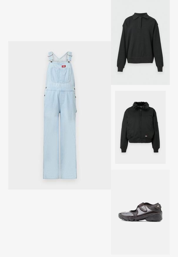 Veste bomber noire avec col en fausse fourrure, fermeture éclair, poignets et ourlet côtelés, deux poches latérales et une poche utilitaire sur la manche gauche.; Salopette en denim bleu clair avec bretelles réglables, poche avant avec écusson logo rouge et jambes larges et droites.; Pull en maille gaufrée noir à manches longues avec col, patte de boutonnage courte, poignets côtelés et ourlet côtelé.; Chaussure de sport marron foncé avec une finition brillante, une bride en Velcro, un bout arrondi et une semelle texturée avec des éléments de design amortissants.