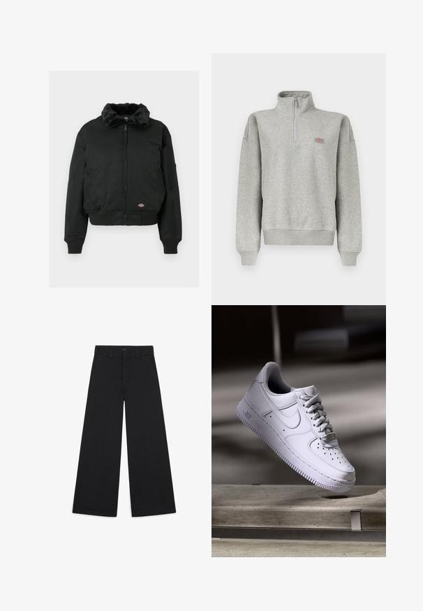 Schwarze Bomberjacke mit Kunstpelzkragen, Reißverschluss, gerippten Bündchen und Saum, zwei seitlichen Taschen und einer Utility-Tasche am linken Arm.; Hellgraues Sweatshirt mit Viertelreißverschluss, gerippten Bündchen und Saum, mit einem kleinen mehrfarbigen Logopatch auf der linken Brust.; Schwarze, weit geschnittene Hosen aus einem weichen, gewebten Stoff. Mit Bügelfalten, Gürtelschlaufen und einem sauberen, maßgeschneiderten Finish.; Weißer Nike Air Force 1 Sneaker schwebt über einer Betonoberfläche mit Schatten in einem minimalistischen Umfeld.