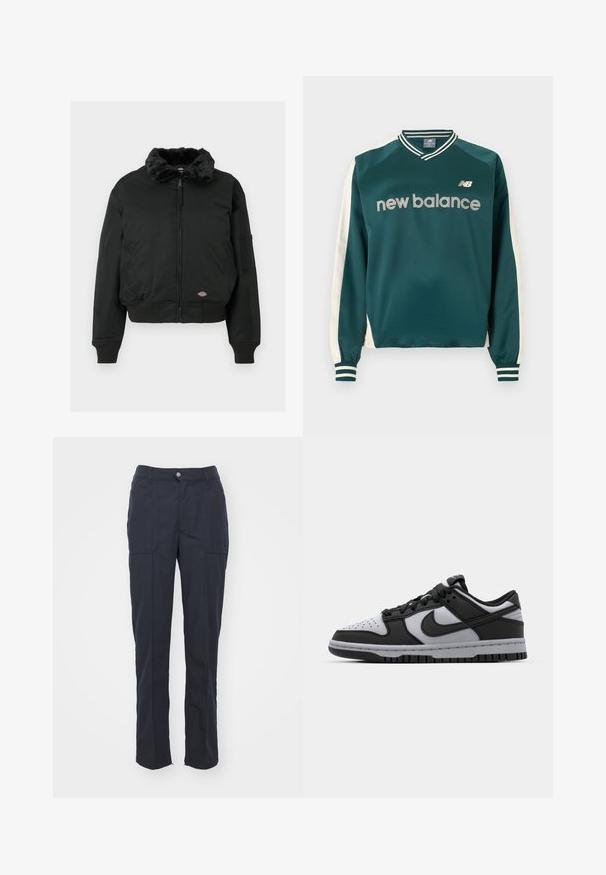 Mustam kotkas jakki, millel on kunstkarvane krae, lukuga sulgemine, ribaga mansetid ja alumine äär, kaks küljetaskut ning vasakul varrukal kasulik tasku.; Tumeheline New Balance pikkade varrukatega spordipluus valgete triipudega varrukaotstes ning triibulise soonikkoe krae ja mansettidega.; Tumed sinised püksid sirge lõikega, kahe esikoti, nööpide sulgemise ja siledast kangast tekstuuriga.; Mustad ja hallid Nike Dunk madalad tossud, millel on perforeeritud varvas, siledad nahkaktsendid ja kummist tald, millel on tekstuurne mustrimuster.