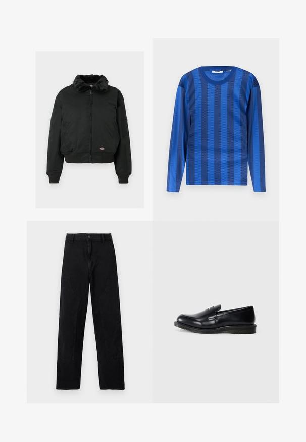 Zwarte bomberjack met nepbont kraag, ritssluiting, geribde manchetten en zoom, twee zijzakken en een utility-pocket op de linkerarm.; Blauw shirt met lange mouwen en afwisselend donkere en lichte verticale strepen, gemaakt van ademende meshstof.; Zwarte rechte broek met voorzakken, riemlussen en een knoopsluiting op een effen lichte achtergrond.; Zwarte leren instapper met een gladde afwerking, ronde neus en gestikte details op de voorkant, met een gestructureerde rubberen zool voor grip.