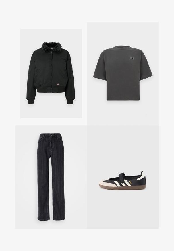 Zwarte bomberjack met nepbont kraag, ritssluiting, geribde manchetten en zoom, twee zijzakken en een utility-pocket op de linkerarm.; Donkergrijs oversized T-shirt met korte mouwen, ronde hals en een kleine Carhartt-logopatch op de linkerborst.; Hoge taille zwarte denim jeans met een verticale streepjespatroon, rechte pasvorm en een metalen knoopsluiting aan de voorkant.; Zwart-beige sneaker met een klittenbandsluiting, drie witte strepen aan de zijkant en een getextureerde bruine rubberen zool. Merkembleem zichtbaar.