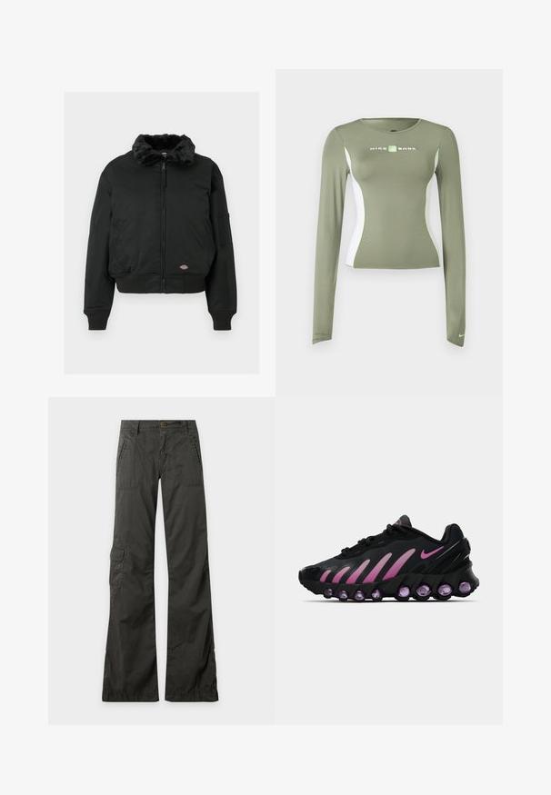 Schwarze Bomberjacke mit Kunstpelzkragen, Reißverschluss, gerippten Bündchen und Saum, zwei seitlichen Taschen und einer Utility-Tasche am linken Arm.; Olivgrünes Nike Shox Langarmshirt mit weißen Seitenteilen und neongrünen Akzenten, figurnahe Passform und kleinem Swoosh-Logo am Ärmelbündchen.; Dunkelgraue Weitbein-Hose mit vorderen und seitlichen Klappentaschen, Gürtelschlaufen und einer Knopfverschluss am Bund vor einfarbigem Hintergrund.; Schwarze und rosa Nike-Sneaker mit einem Mesh-Obermaterial, geschwungenem Design und abgerundeten lila Dämpfungselementen an Sohle und Seiten.