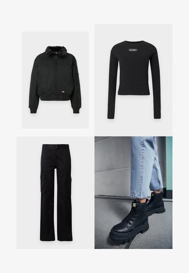 Schwarze Bomberjacke mit Kunstpelzkragen, Reißverschluss, gerippten Bündchen und Saum, zwei seitlichen Taschen und einer Utility-Tasche am linken Arm.; Schwarzes, geripptes, langärmliges Cropped-Top mit Rundhalsausschnitt und weißem "Jordan"-Logo in der Mitte der Brust.; Schwarze Cargo-Hosen aus strapazierfähigem Stoff, mit zwei Seitentaschen und geradem Bein Design. Glatte Textur mit klassischer Passform.; Person, die hellblaue Jeans und schwarze klobige Schnürstiefel trägt und auf einem Betonboden nahe einer Wand steht.