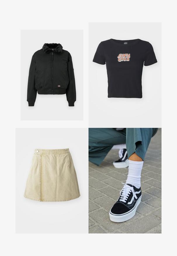 Schwarze Bomberjacke mit Kunstpelzkragen, Reißverschluss, gerippten Bündchen und Saum, zwei seitlichen Taschen und einer Utility-Tasche am linken Arm.; Schwarzes, kurzes T-Shirt aus Baumwolle mit einem bunten "SANTA CRUZ"-Grafikdesign auf der Vorderseite. Kurze Ärmel und runder Ausschnitt.; Khakifarbener Minirock aus weichem Stoff, mit seitlichem Knopfverschluss, glatter Textur und leicht ausgestellter Silhouette mit einem Saum oberhalb des Knies.; Schwarze Wildledersneaker mit weißen Akzenten und Schnürsenkeln, ausgestattet mit einer dicken weißen Sohle und kontrastierenden Nähten, kombiniert mit einer weißen Socke.