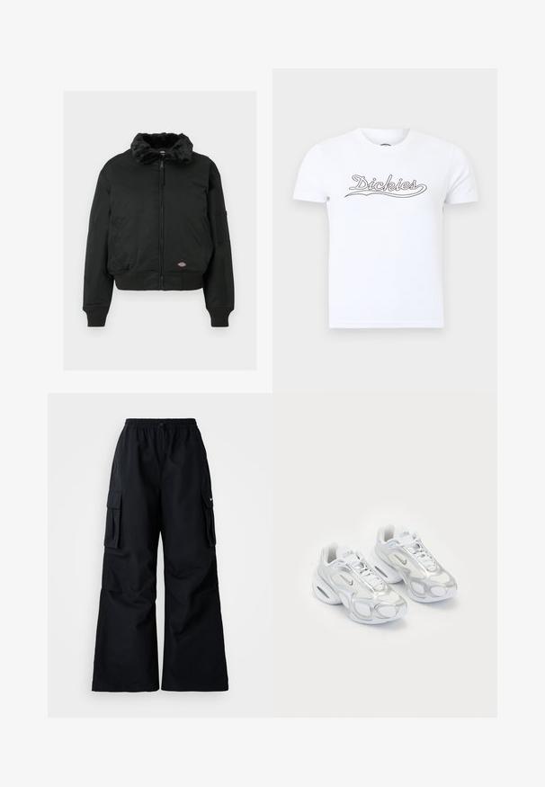 Zwarte bomberjack met nepbont kraag, ritssluiting, geribde manchetten en zoom, twee zijzakken en een utility-pocket op de linkerarm.; Wit T-shirt met korte mouwen en ronde hals, bedrukt met het "Dickies" logo in zwarte letters over de borst op een effen achtergrond.; Zwarte cargobroek met wijde pijpen, elastische tailleband, verstelbaar trekkoord en twee steekzakken. Gemaakt van een gladde, lichte stof.; Witte sportieve schoenen met een bovenwerk van mesh en zilveren accenten, in een unieke vorm en met luchtkussen in de hiel. Gespannen ontwerp met logo.