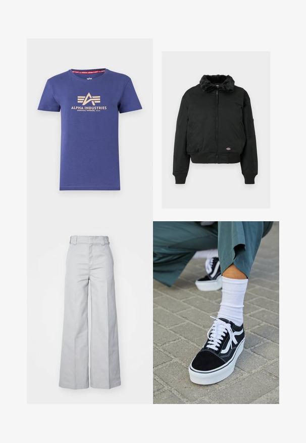 Chaqueta bomber negra con cuello de piel sintética, cierre de cremallera, puños y dobladillo acanalados, dos bolsillos laterales y un bolsillo utilitario en la manga izquierda.; Camiseta de algodón azul marino de manga corta, con un estampado del logo en beige "ALPHA INDUSTRIES" y una etiqueta interior en rojo con texto.; Pantalones de pierna ancha color gris claro, hechos de una mezcla de algodón, con cintura alta, cinturilla estructurada y costuras visibles.; Zapatillas de ante negro con acentos y cordones blancos, que cuentan con una gruesa suela blanca y costuras en contraste, combinadas con un calcetín blanco.