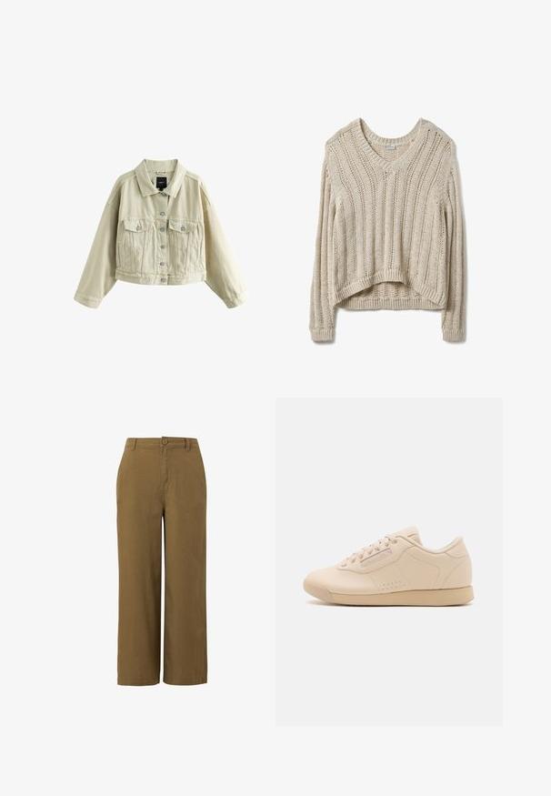 Chaqueta vaquera corta beige con mangas largas, cierre de botones en el frente, dos bolsillos con solapa en el pecho y dos bolsillos laterales con abertura.; Jersey beige de punto con cuello en V, presenta una textura acanalada vertical y un corte corto y holgado. Mangas largas con puños acanalados.; Pantalones de pierna ancha marrones, fabricados con una mezcla de algodón texturizado, que cuentan con un cierre frontal de botón y un diseño de cintura estándar.; Zapatillas de cuero beige con punta redonda, suela de goma plana, seis ojales y perforaciones sutiles a lo largo de los lados. Diseño simple y elegante.