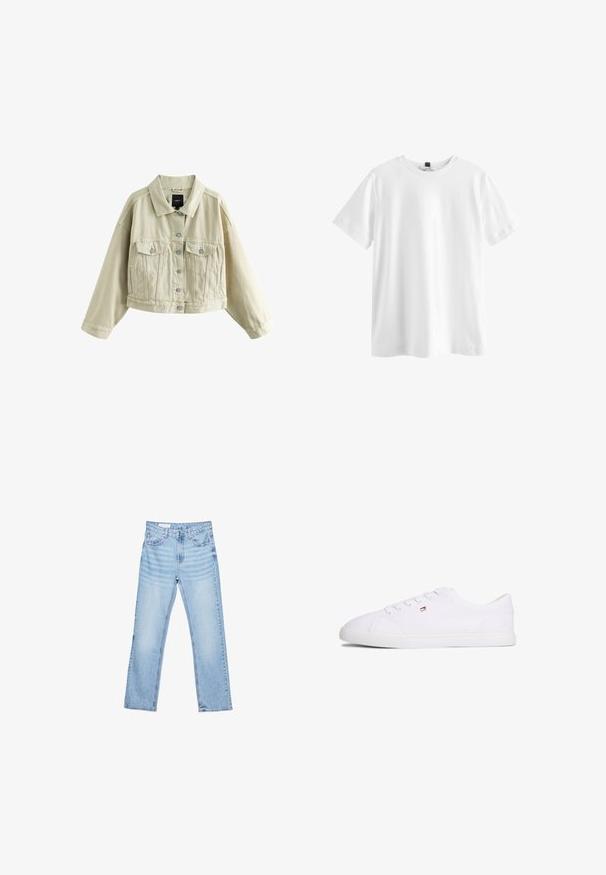 Beige cropped denimjakke med lange ærmer, knaplukning foran, to brystlommer med klap og to sidelommer med slidser.; Simpel hvid kortærmet t-shirt med rund hals og sort mærke indeni kraven, vist fladt på en hvid baggrund.; Lyseblå denimjeans med lige pasform, fem-lomme-design og synlig syning. Mellem-høj talje med klassisk knap- og lynlåslukning.; Hvid lavsko med snørelukning og lille rød, hvid og blå logo på siden, flad gummisål.