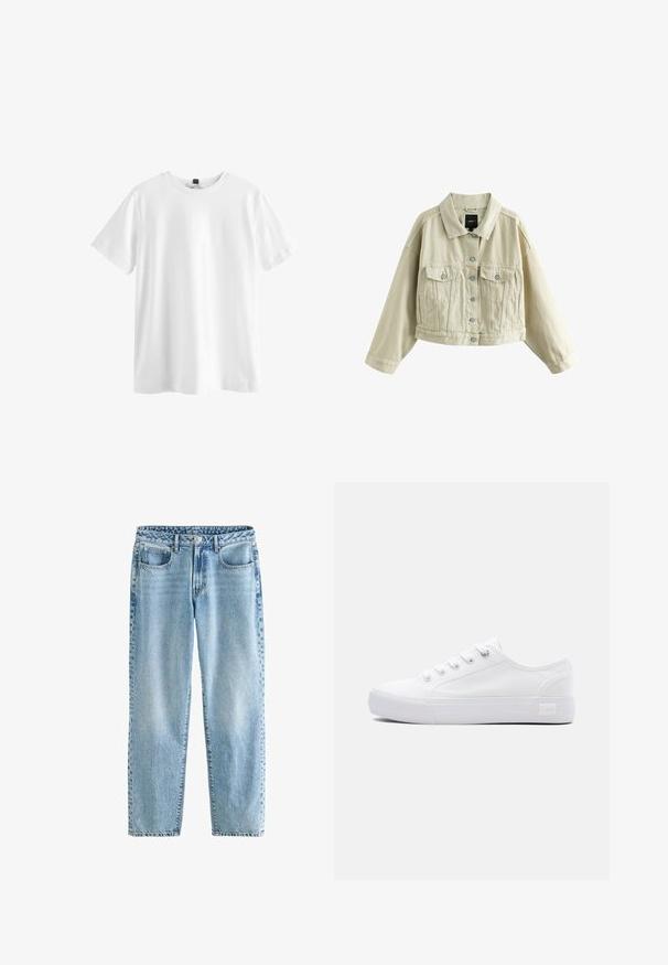 Beige cropped spijkerjack met lange mouwen, knoopsluiting aan de voorkant, twee borstflappenzakken en twee zijzakken met spleet.; Effen wit T-shirt met korte mouwen en ronde hals met een zwart label aan de binnenkant van de kraag, plat weergegeven op een witte achtergrond.; Lichtblauwe denim jeans met een relaxte pasvorm. Beschikt over vier zakken, een klassieke knoopsluiting en minimale vervaging voor een uniforme textuur.; Witte lage canvas sneaker met witte veters, rubberen zool en Lee-merklogo op het hielzijpaneel.
