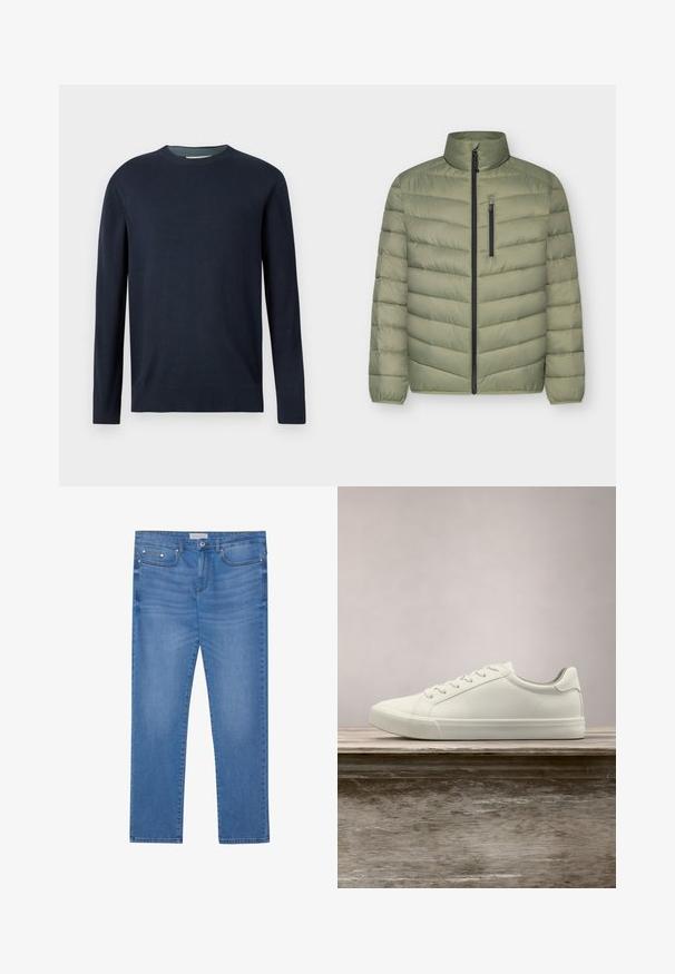 Lichtgroene gewatteerde jas met hoge kraag, volledige ritssluiting aan de voorkant en verticale borstzak met rits, lange mouwen met elastische manchetten.; Marineblauwe crewneck trui met lange mouwen en geribde manchetten en zoom, weergegeven tegen een effen lichte achtergrond.; Lichtblauwe spijkerbroek met een rechte pijp, vijf zakken, subtiele vervaging en metalen accenten op de taille en zakken.; Witte vetersneaker die boven een houten bank zweeft met groene bladeren op de achtergrond, waarbij het ontwerp en de textuur van de schoen worden getoond.