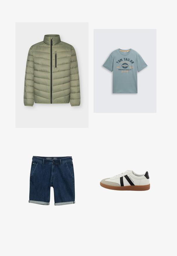 Hellgrüne gesteppte Jacke mit hohem Kragen, durchgehendem Reißverschluss vorne und vertikalem Reißverschluss an der Brusttasche, langen Ärmeln mit elastischen Bündchen.; Helle blaue Baumwoll-T-Shirt mit kurzen Ärmeln. Verfügt über einen dunkelblauen und orangefarbenen grafischen Text: "TOM TAILOR" und "PREMIUM QUALITY". Einfacher runder Halsausschnitt.; Dunkelblaue Denim-Shorts mit geradem Schnitt, umgeschlagenen Säumen, zwei Vordertaschen und einem knöpfbaren Bund. Größe M-Label vorhanden.; Weißer Low-Top-Sneaker mit beigefarbenem Zehenkappenbereich, schwarzen diagonalen Streifen, Kautschuksohle und Tom Tailor-Logo an Seite und Ferse.