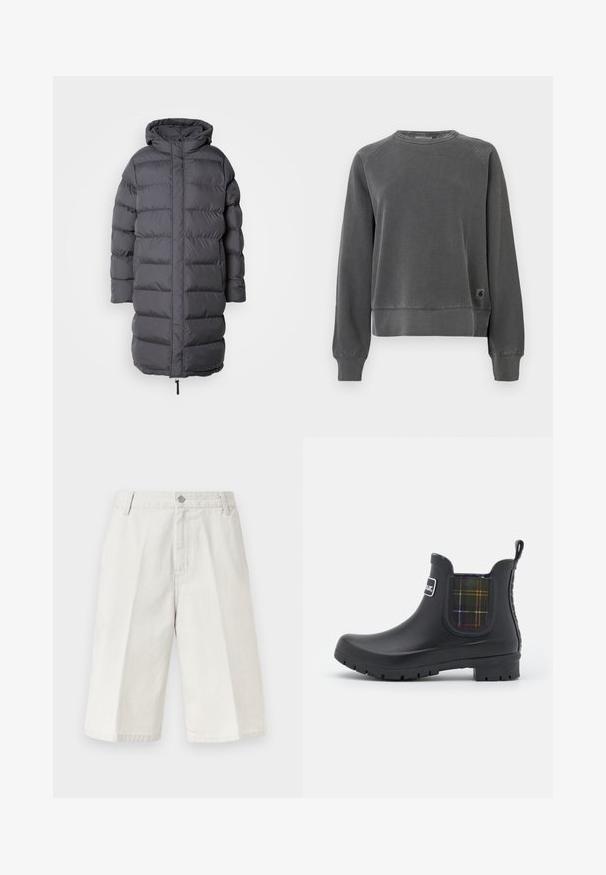Lange grijze pufferjas met capuchon, voorzien van horizontale quilt, ritssluiting en een trekkoord voor een verstelbare pasvorm aan de zoom.; Crewneck sweatshirt in donkergrijs weefsel, met ribbels aan de manchetten en onderkant, en een klein logo-patch aan de onderzijde. Zachte textuur.; Lichtbeige knielange korte broek met subtiele verticale krijtstrepen, ceintuurlussen, knoop aan de voorkant en ritssluiting.; Barbour KINGHAM - Regenlaarzen - black