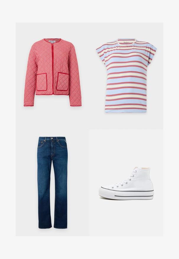 Chaqueta acolchada de cuadros rojos y blancos con mangas largas, cuello redondo, bolsillos frontales y ribete rojo en los bordes y bolsillos.; Camiseta de manga corta azul claro con rayas horizontales en rojo, amarillo y blanco, y cuello redondo.; Jeans de mezclilla en azul oscuro con un diseño de pierna recta, estilo de cinco bolsillos y un ligero desvanecimiento. Presentan un cierre frontal con botón y hebillas para cinturón.; Zapatillas altas blancas de material de lienzo, con suela de goma negra y una franja negra en el mediopie. Punta circular y diseño de cordones.
