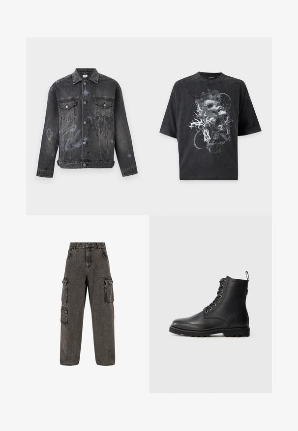 Schwarze Jeansjacke mit Knopfverschluss, zwei Brusttaschen mit Klappen, dezente blaue Graffiti-Stern- und Schriftzug-Details.; Schwarzes oversized Kurzarm-T-Shirt mit grauer abstrakter Grafik eines verzerrten Gesichts und organischen Formen auf der Vorderseite.; Karl Kani OG BAGGY - Jeans Relaxed Fit - grey; Schwarze Lederstiefelette mit runder Zehenform, Schnürdesign und Metallösen. Verfügt über eine strukturierte Sohle und einen Zuglasche an der Ferse für einfachen Einstieg.