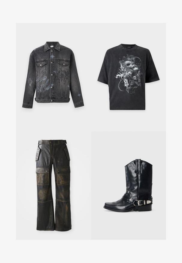 Schwarze Jeansjacke mit Knopfverschluss, zwei Brusttaschen mit Klappen, dezente blaue Graffiti-Stern- und Schriftzug-Details.; Schwarzes oversized Kurzarm-T-Shirt mit grauer abstrakter Grafik eines verzerrten Gesichts und organischen Formen auf der Vorderseite.; Schwarze Leder-Cargo-Hose mit abgenutzter Optik, großen Seitentaschen, hoher Taille und kontrastierender Naht entlang der Nähte.; Schwarze Ledersporenstiefel mit spitzem Zeh, hohem Schaft, dekorativer Stickerei und silberner Schnallenhardware am Riemen. Strukturiertes Finish.