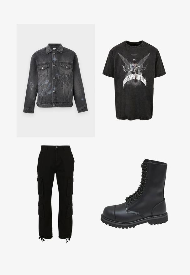 Chaqueta de mezclilla negra con cierre de botones, dos bolsillos en el pecho con solapa, detalles sutiles de estrellas y letras en estilo graffiti azul.; MJ Gonzales HIGHER THAN HEAVEN ACID WASHED HEAVY OVER - Camiseta estampada - black; Pantalones cargo negros de algodón, con múltiples bolsillos laterales, cierre de botón y bajos ajustables con cordones.; Bota de combate de cuero negro con caña alta, parte frontal con cordones, cuello acolchado y suela texturizada resistente para un buen agarre. Presenta una puntera reforzada.