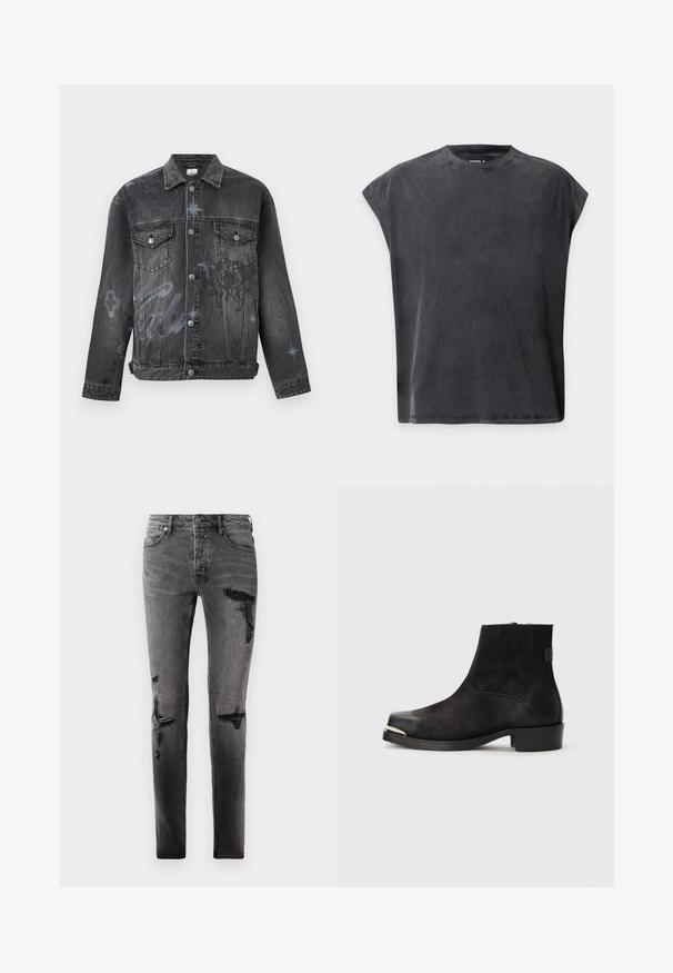 Schwarze Jeansjacke mit Knopfverschluss, zwei Brusttaschen mit Klappen, dezente blaue Graffiti-Stern- und Schriftzug-Details.; Schwarzes ärmelloses T-Shirt mit Rundhalsausschnitt, lässiger, kastiger Passform und leicht abgesenkten Schultern auf einfarbigem Hintergrund.; Schwarze Denim-Jeans mit Rissdetails, schlankem Schnitt, fünf Taschen und klassischem Reißverschluss. Abgetragenes Aussehen mit verblassten Stellen.; Schwarze Knöchelstiefel aus Wildleder und Leder, mit gerundeter Zehenpartie, kleinem Absatz, silbernen metallischen Akzenten an der Zehenpartie und elastischen Seitenpanelen.