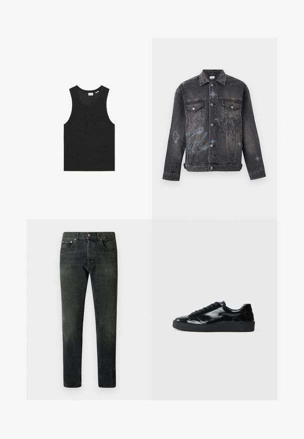 Sort denimjakke med knaplukning, to brystlommer med klap, diskret blå graffiti-stjerne og skriftprintdetaljer.; Sort tanktop med et tekstureret mønster, uden ærmer og rund halsudskæring. Fremstillet af let strikmateriale.; Sorte denim jeans med lige ben, fem lommer og knaplukning. Har en falmet finish og subtile stikningsdetaljer.; Sorte laklæder sneakers med rund tå, snørredesign, tekstureret gummisål og en glat overflade.