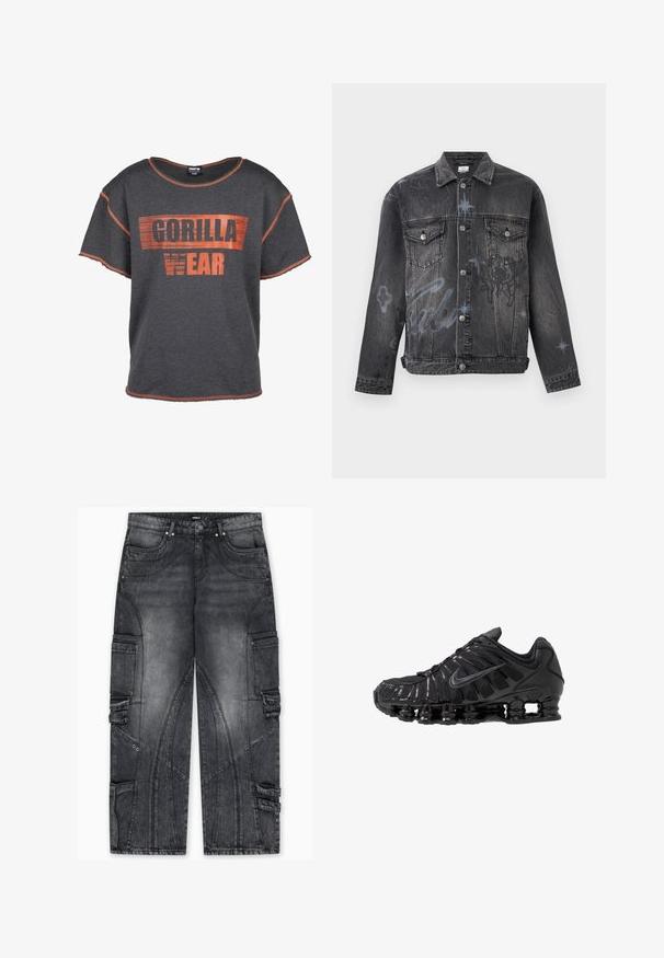 Zwarte spijkerjas met knoopsluiting, twee borstzakken met klep, subtiele blauwe graffiti-achtige ster en schriftprint details.; Grijze T-shirt met korte mouwen met opvallende oranje tekst "GORILLA WEAR". Versleten zoom en oranje stiksel. Comfortabele pasvorm.; Cargo jeans in vervaagd donkergrijs denim met zijzakken, unieke stiksels, taps toelopende pijpen en metalen hardware accenten.; Zwarte sportschoenen gemaakt van mesh en synthetische materialen, met een opvallend golvend ontwerp, zwarte rubberen zool en reflecterende accenten.