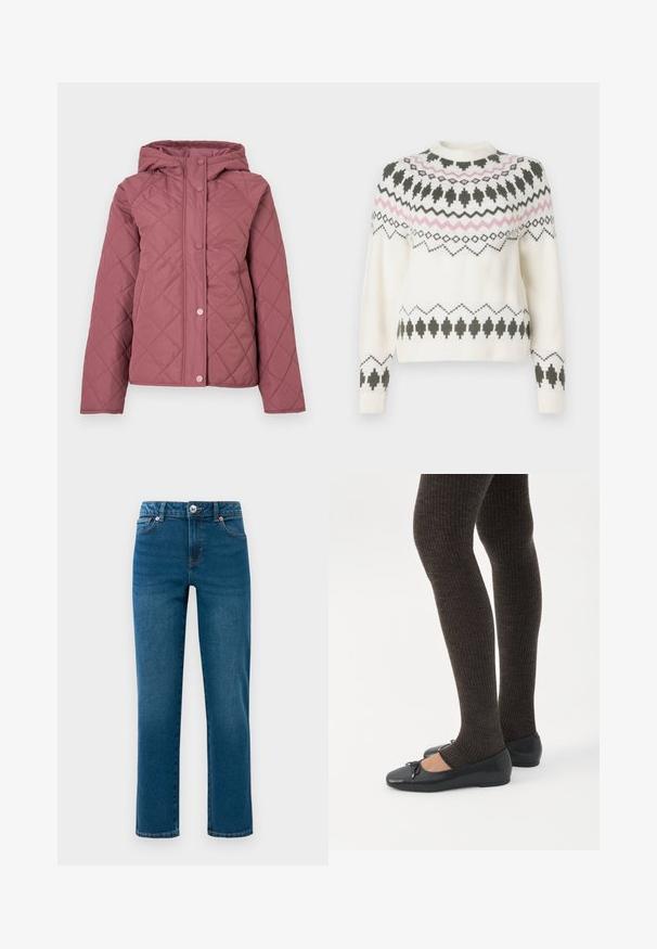 Veste matelassée rembourrée en rose poudré avec capuche, fermetures à pression et motif losange. Fabriquée en matière synthétique lisse.; Pull en tricot blanc avec des motifs géométriques noirs et roses sur la poitrine, les manches et l'ourlet, présentant un col rond et des poignets côtelés.; Jeans en denim droits bleu avec cinq poches, fermeture à bouton et fermeture éclair, et passants de ceinture, présentés sur un fond blanc.; Jambes portant des leggings côtelés foncés associés à des ballerines noires avec de petits détails en nœud sur fond blanc.