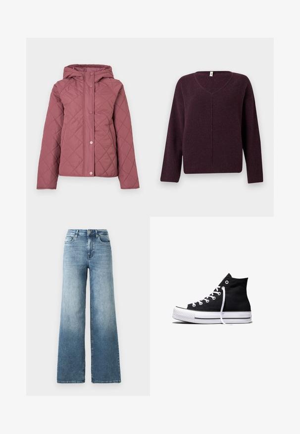 Veste matelassée rembourrée en rose poudré avec capuche, fermetures à pression et motif losange. Fabriquée en matière synthétique lisse.; Pull en V de couleur violet foncé, fabriqué à partir d'un tissu doux et texturé. Il présente des manches longues et des bords côtelés aux poignets et à l'ourlet.; Jean en denim à jambes larges dans un délavage bleu clair, avec une taille haute, un design à cinq poches et un léger dégradé sur le tissu. Fermeture classique à bouton en métal.; Baskets montantes en toile noire avec semelle en caoutchouc blanche et lacets blancs, vues de côté sur un fond blanc.