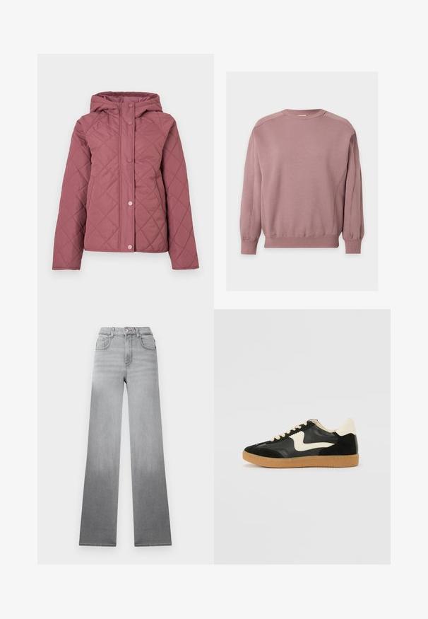 Polstret quiltet jakke i støvet rosa med hætte, trykknapper og diamantmønster. Fremstillet af blødt syntetisk materiale.; Mauve langærmet crewneck sweatshirt med ribstrikkede manchetter og kant, vist fladt på en hvid baggrund.; Grå jeans med en falmet ombré-effekt, højtaljet design, klassisk fem-lomme stil og lige, brede ben lavet af denimstof.; Sorte ruskinds- og lædersneakers med en cremefarvet side-swoosh og lys cremefarvet hæl. Har beige snørebånd og en gummirubber-sål.