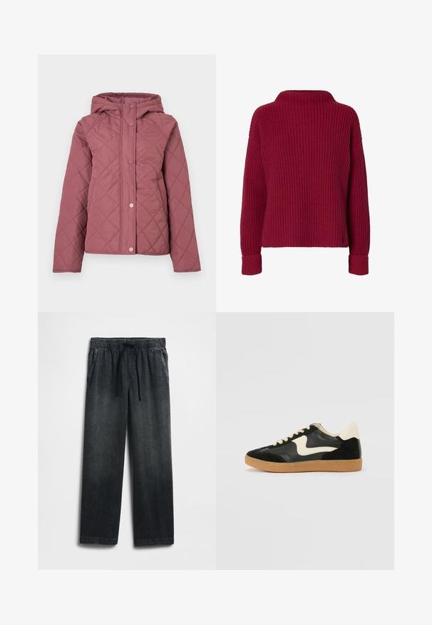 Gepolsterte Steppjacke in Staubrosa mit Kapuze, Druckknöpfen und Rautenmuster. Hergestellt aus glattem synthetischem Material.; Roter, langärmliger Strickpullover mit hohem Kragen und gerippten Bündchen, dargestellt auf einem schlichten weißen Hintergrund.; Schwarze Jeanshose mit einem elastischen Bund und Kordelzug, weitem Bein und dezentem Used-Effekt. Mit zwei Seitentaschen.; Schwarze Wildleder- und Leder-Sneaker mit einem cremefarbenen Seiten-Swoosh und einer hellcremefarbenen Ferse. Ausgestattet mit beige Schnürsenkeln und einer Gummilaufsohle.